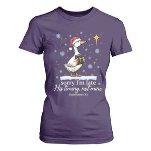 Christian Silly Goose T Shirt For Women Sorry I Am Late His Timing Not Mine TS14 Purple Print Your Wear