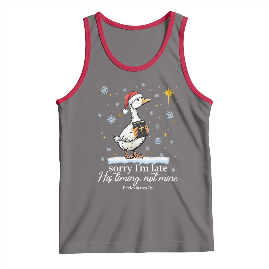 Christian Silly Goose Tank Top Sorry I Am Late His Timing Not Mine TS14 Deep Heather Red Print Your Wear