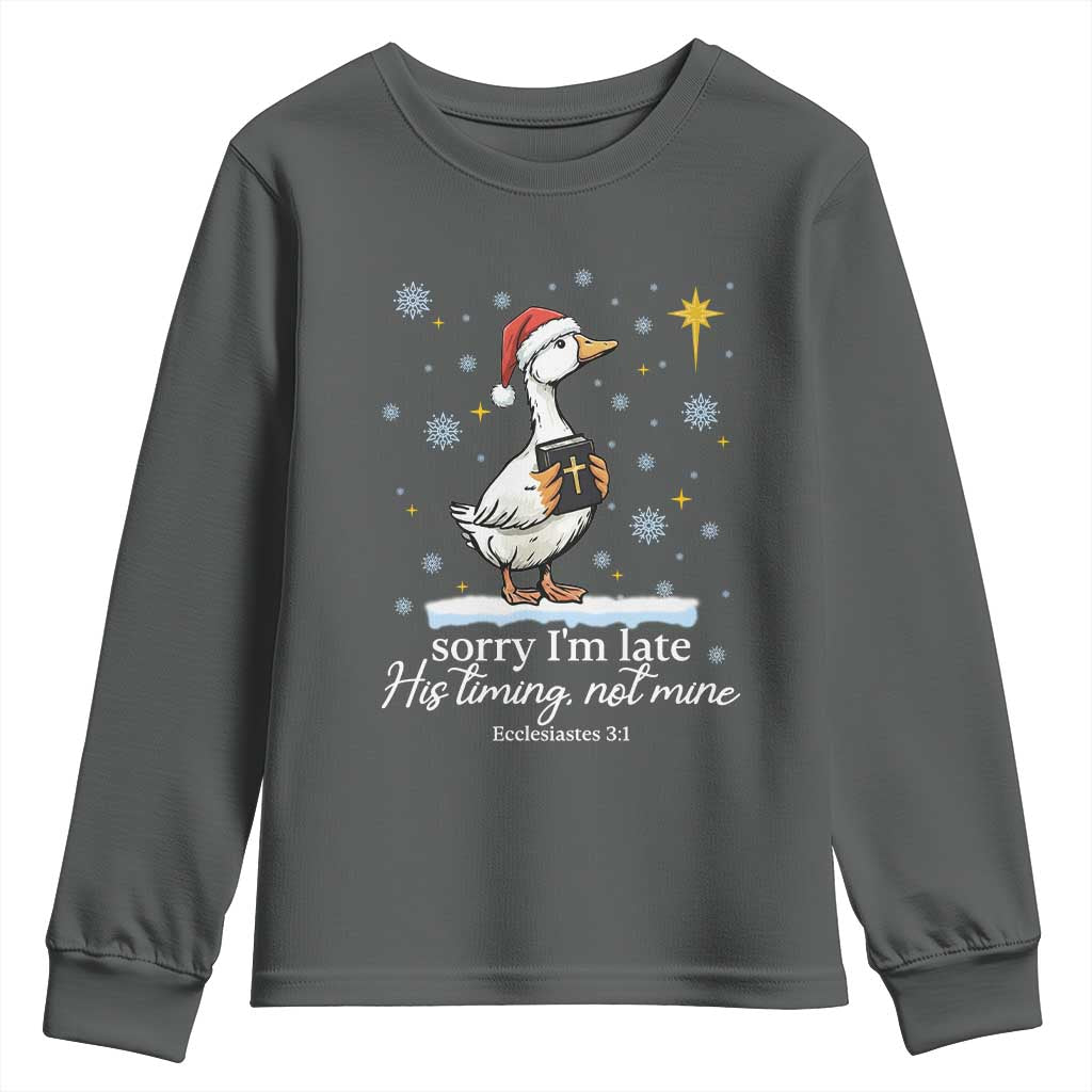 Christian Silly Goose Youth Sweatshirt Sorry I Am Late His Timing Not Mine TS14 Dark Heather Print Your Wear