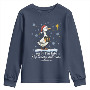 Christian Silly Goose Youth Sweatshirt Sorry I Am Late His Timing Not Mine TS14 Navy Print Your Wear