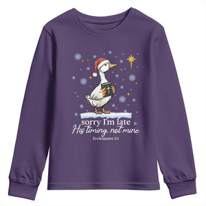 Christian Silly Goose Youth Sweatshirt Sorry I Am Late His Timing Not Mine TS14 Purple Print Your Wear