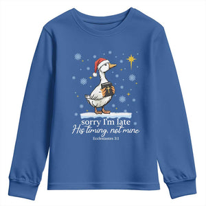 Christian Silly Goose Youth Sweatshirt Sorry I Am Late His Timing Not Mine TS14 Royal Blue Print Your Wear