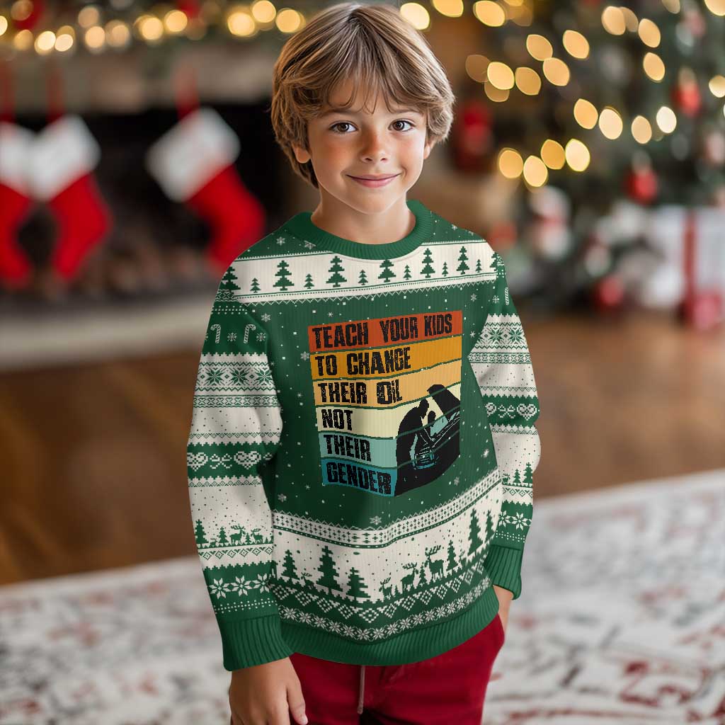 Teach Your Kids To Change Their Oil Not Their Gender Ugly Christmas Sweater Funny Mechanic Dad TS14 Forest Green Beige Print Your Wear