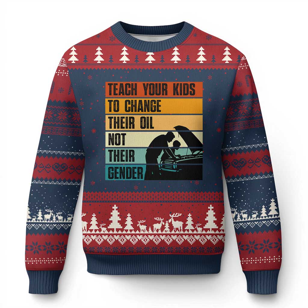 Teach Your Kids To Change Their Oil Not Their Gender Ugly Christmas Sweater Funny Mechanic Dad TS14 Navy Red Print Your Wear