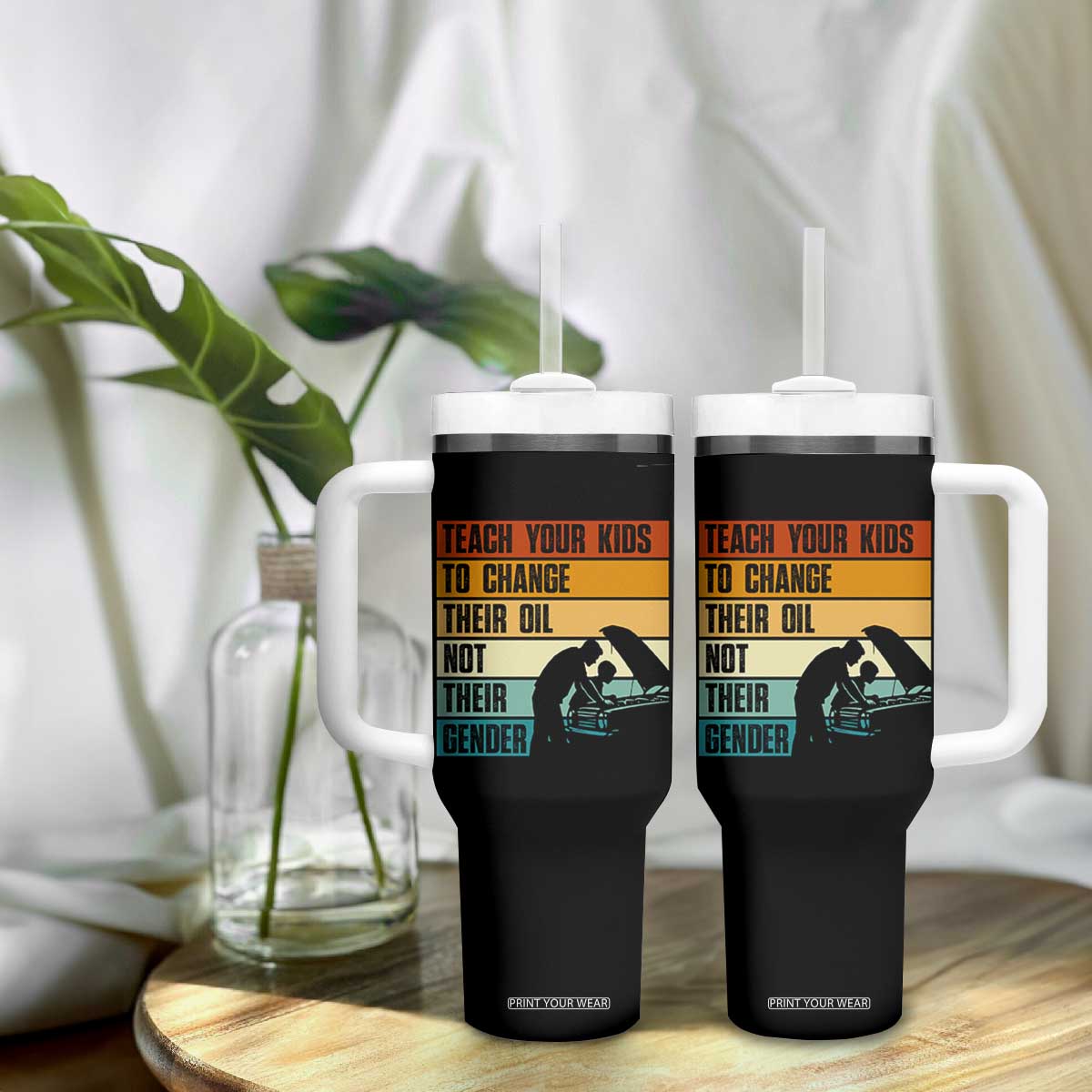 Teach Your Kids To Change Their Oil Not Their Gender Tumbler With Handle Funny Mechanic Dad TS14 Print Your Wear