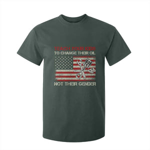 Teach Your Kids To Change Their Oil Not Their Gender T Shirt For Kid Mechanic Flag American Patriotic Flag TS14 Dark Forest Green Print Your Wear
