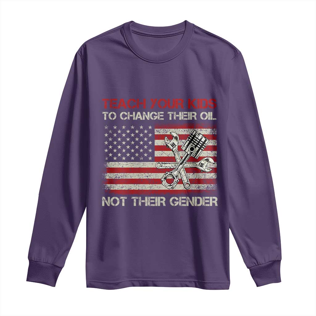 Teach Your Kids To Change Their Oil Not Their Gender Long Sleeve Shirt - Mechanic American Patriotic Flag Tee TS14 Purple Print Your Wear