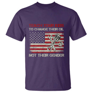 Teach Your Kids To Change Their Oil Not Their Gender T Shirt Mechanic Flag American Patriotic Flag Funny Mechanic Dad Political Satire Humor TS14 Purple Print Your Wear