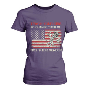Teach Your Kids To Change Their Oil Not Their Gender T Shirt For Women Mechanic Flag American Patriotic Flag TS14 Purple Print Your Wear