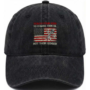 Teach Your Kids To Change Their Oil Not Their Gender Washed Cotton Baseball Cap Mechanic Flag American Patriotic Flag TS14 Washed Cap Universal Fit Black Print Your Wear