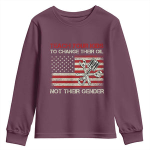 Teach Your Kids To Change Their Oil Not Their Gender Youth Sweatshirt Mechanic Flag American Patriotic Flag TS14 Maroon Print Your Wear