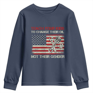Teach Your Kids To Change Their Oil Not Their Gender Youth Sweatshirt Mechanic Flag American Patriotic Flag TS14 Navy Print Your Wear