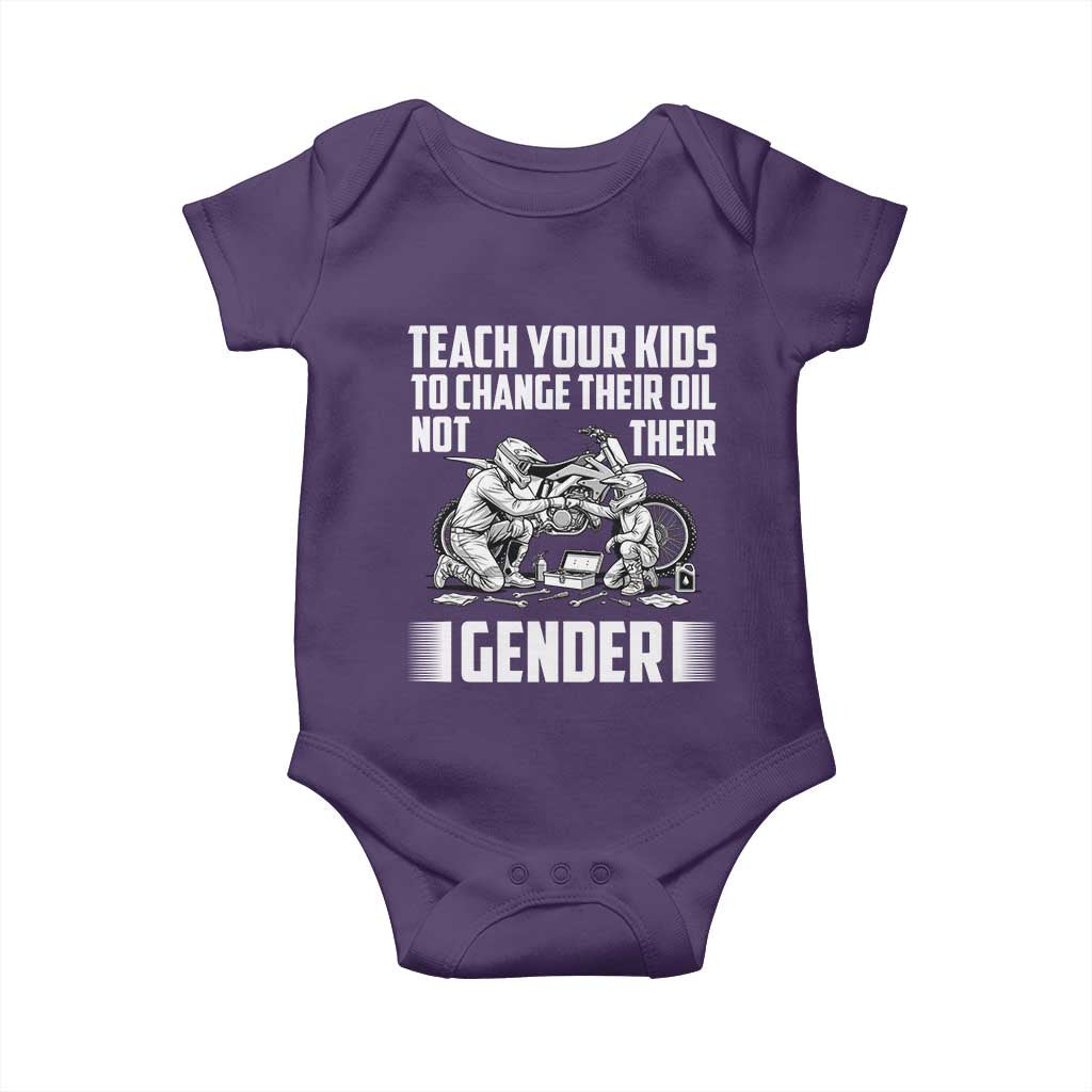 Teach Your Kids To Change Their Oil Not Their Gender Baby Onesie Funny Mechanic Dad Political Satire TS14 Purple Print Your Wear