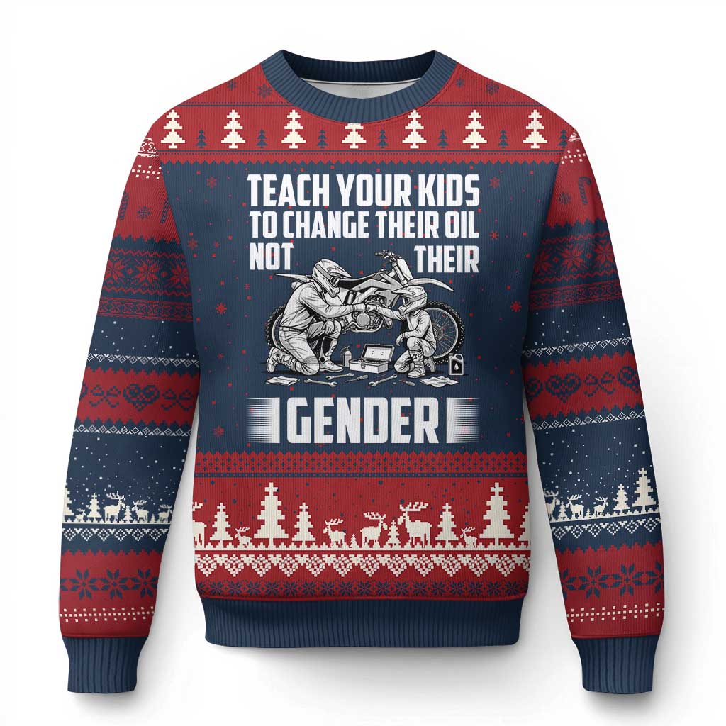 Teach Your Kids To Change Their Oil Not Their Gender Ugly Christmas Sweater Funny Mechanic Dad Political Satire TS14 Navy Red Print Your Wear