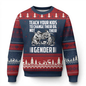 Teach Your Kids To Change Their Oil Not Their Gender Ugly Christmas Sweater Funny Mechanic Dad Political Satire TS14 Navy Red Print Your Wear