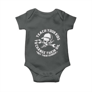 Teach Your Kids To Change Their Oil Not Their Gender Baby Onesie Funny Mechanic Dad Political Satire Humor TS14 Dark Heather Print Your Wear