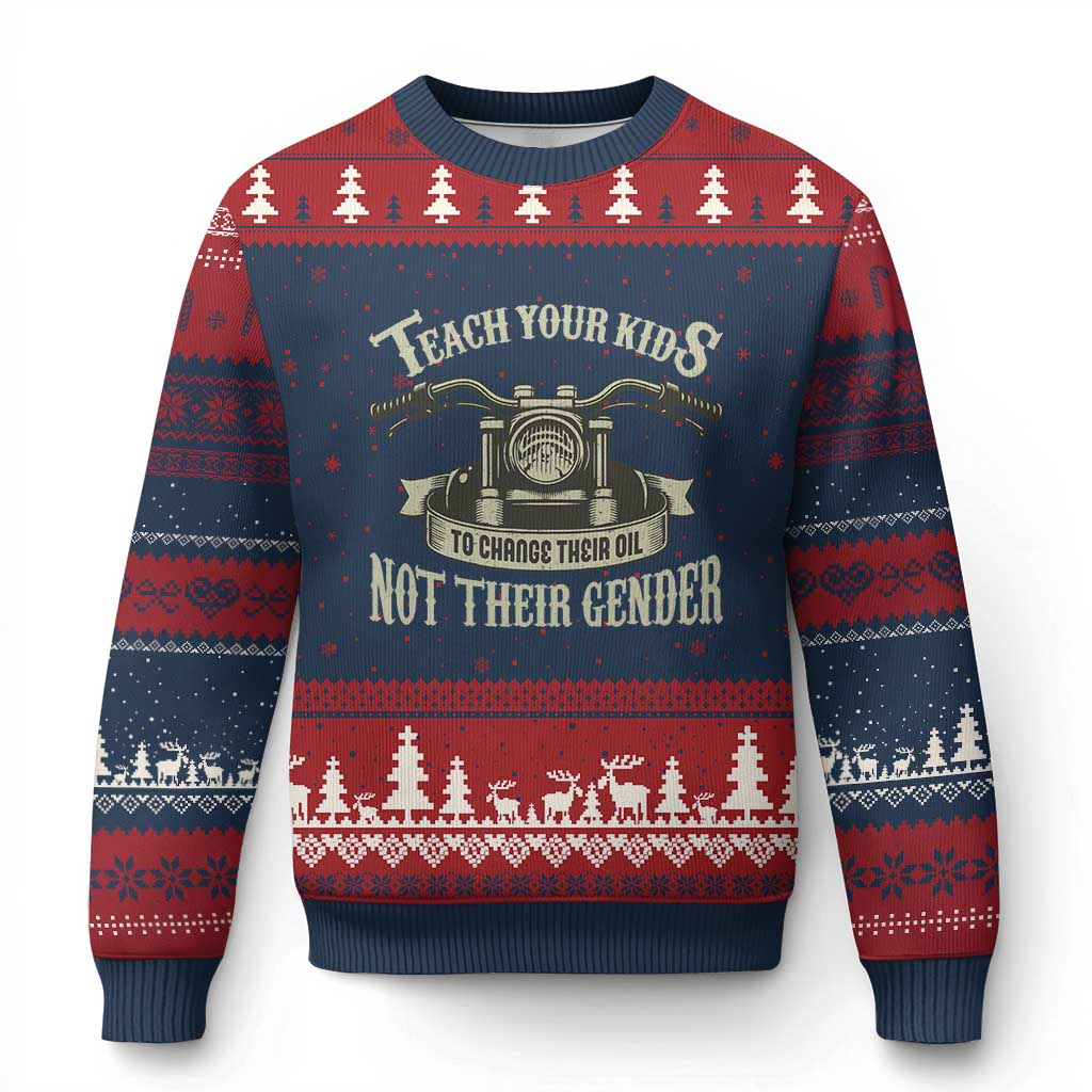 Teach Your Kids to Change Their Oil Not Their Gender Ugly Christmas Sweater Funny Mechanic Dad Political Satire TS14 Navy Red Print Your Wear