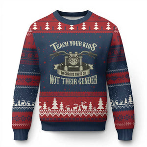 Teach Your Kids to Change Their Oil Not Their Gender Ugly Christmas Sweater Funny Mechanic Dad Political Satire TS14 Navy Red Print Your Wear