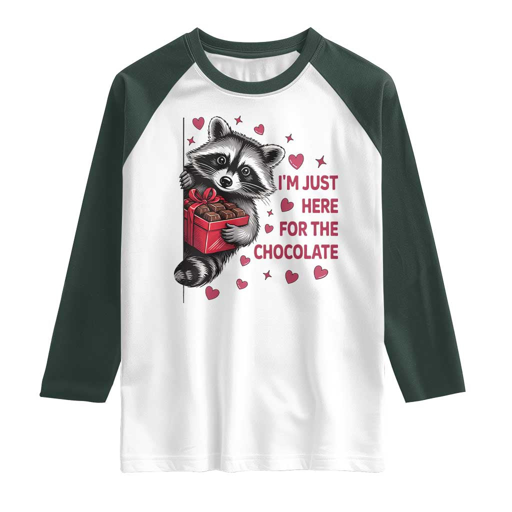 Valentine Racoon Trash Panda Raglan Shirt I'm Just Here For The Chocolate TS14 White Dark Forest Green Print Your Wear