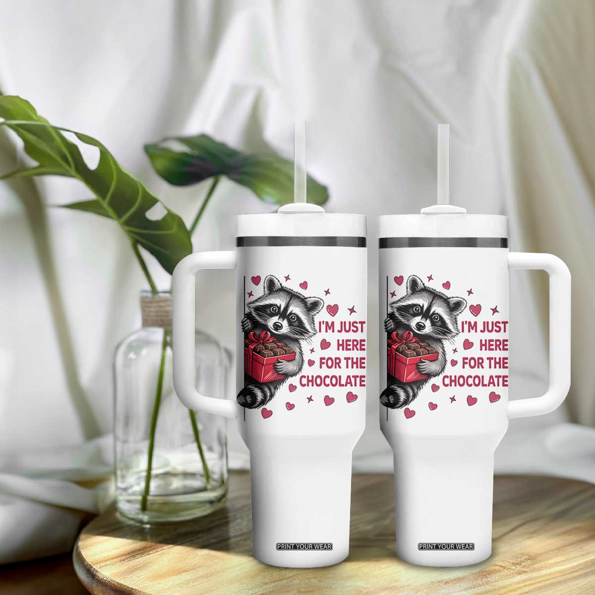 Valentine Racoon Trash Panda Tumbler With Handle I'm Just Here For The Chocolate TS14 Print Your Wear