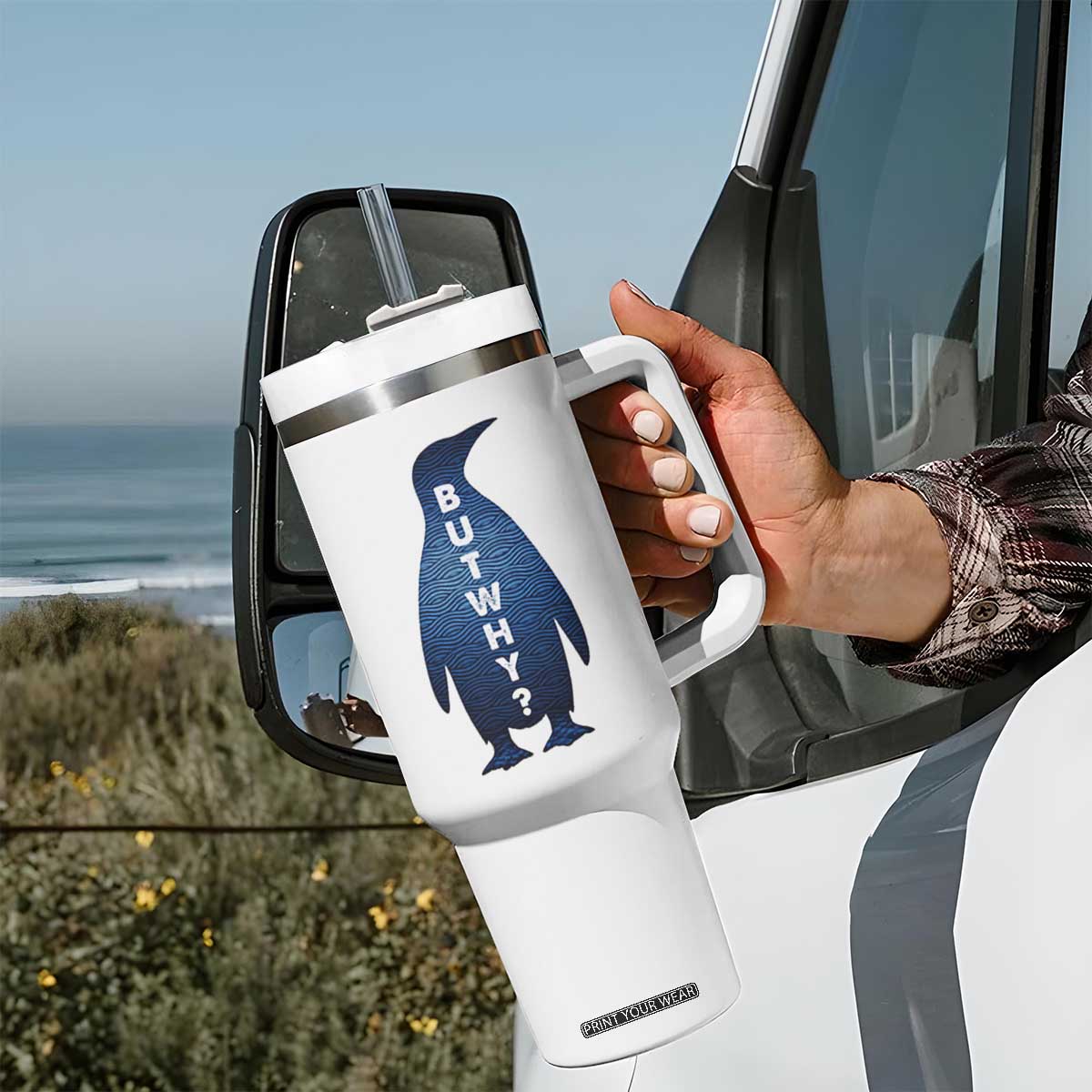 But Why Penguin Tumbler With Handle Funny Nihilist Hiking Meme TS14 Print Your Wear
