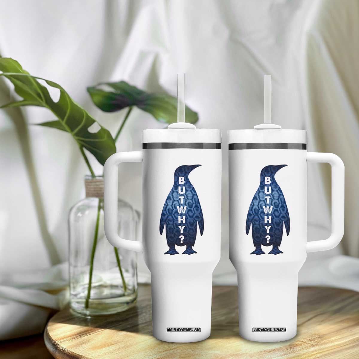 But Why Penguin Tumbler With Handle Funny Nihilist Hiking Meme TS14 Print Your Wear