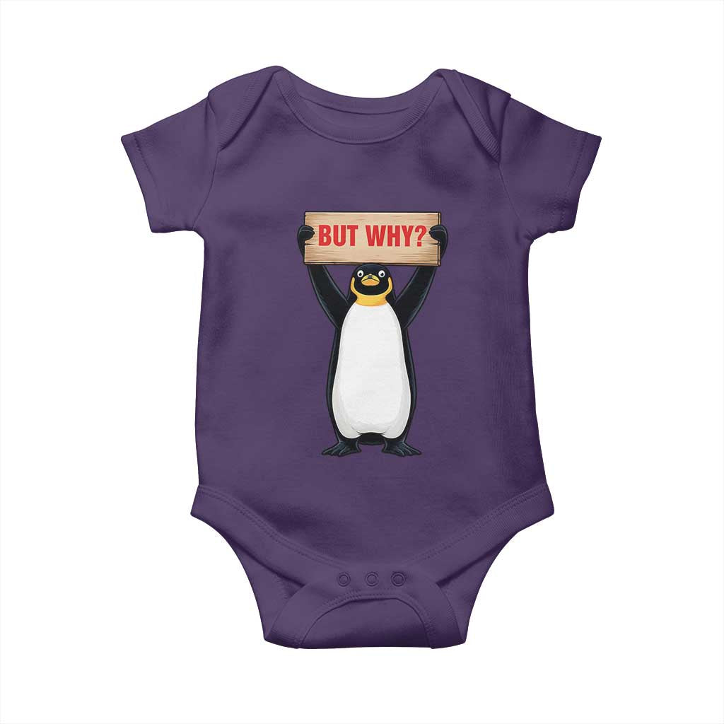 But Why Penguin Baby Onesie Funny Nihilist Penguin Hiking Meme TS14 Purple Print Your Wear