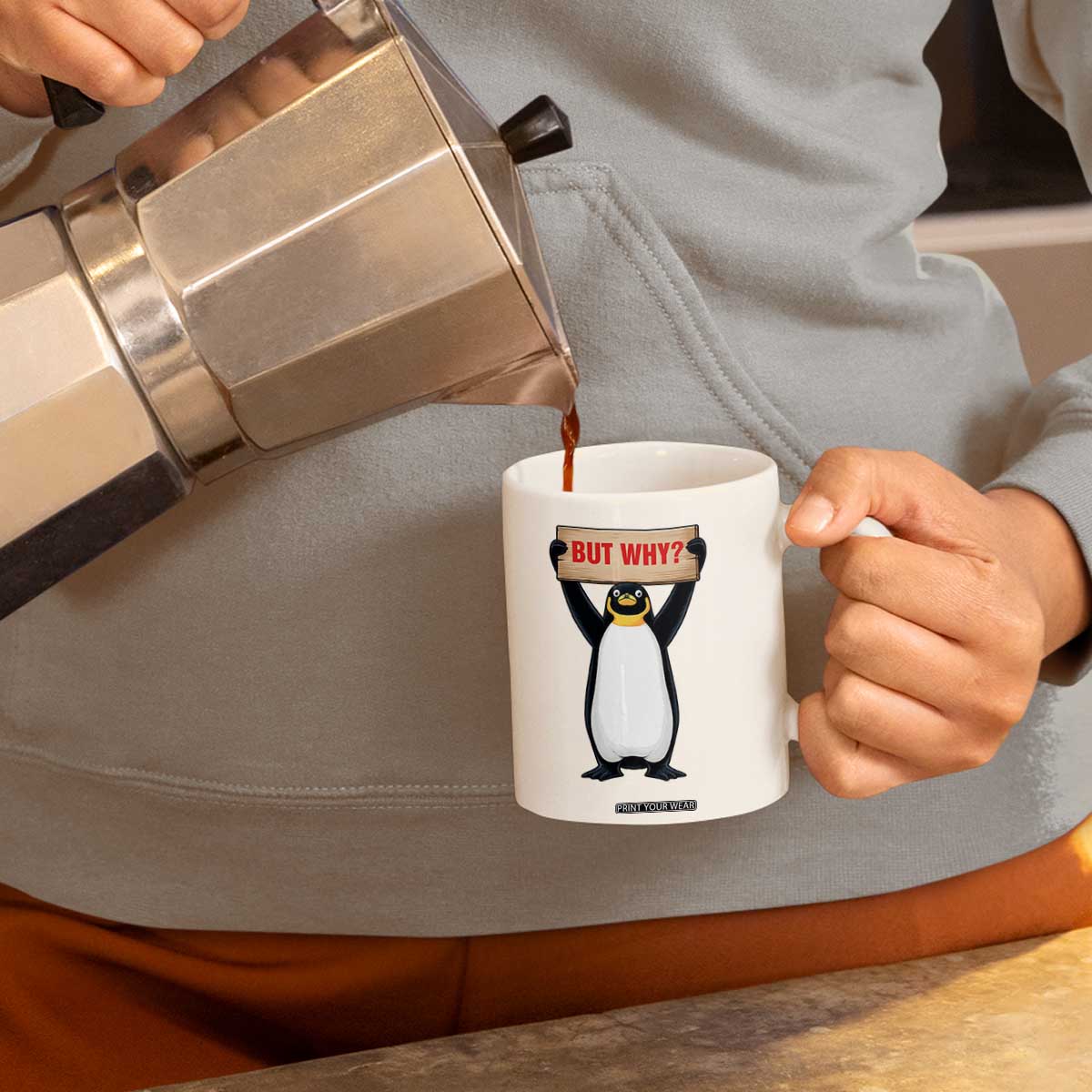 But Why Penguin Coffee Mug Funny Nihilist Penguin Hiking Meme TS14 Print Your Wear