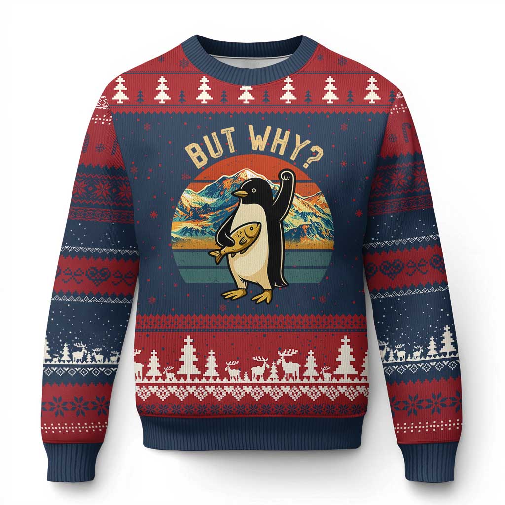 But Why Penguin Ugly Christmas Sweater Nihilist Penguin Mountain Hiking TS14 Navy Red Print Your Wear