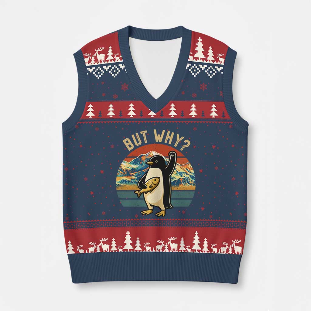 But Why Penguin V-Neck Knit Sweater Vest Nihilist Penguin Mountain Hiking TS14 Navy Red Print Your Wear