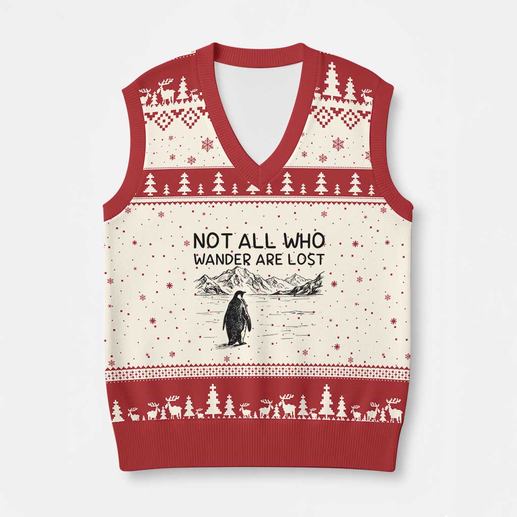 But Why Penguin V-Neck Knit Sweater Vest Not All Who Wander Are Lost TS14 Beige Red Print Your Wear