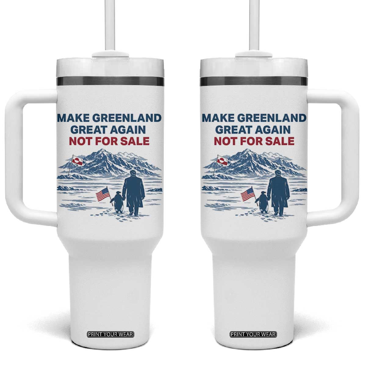 Greenland Is Not for Sale Tumbler With Handle Funny Nihilist Penguin Greenland Political Meme FDT TS14 One Size: 40 oz White Print Your Wear