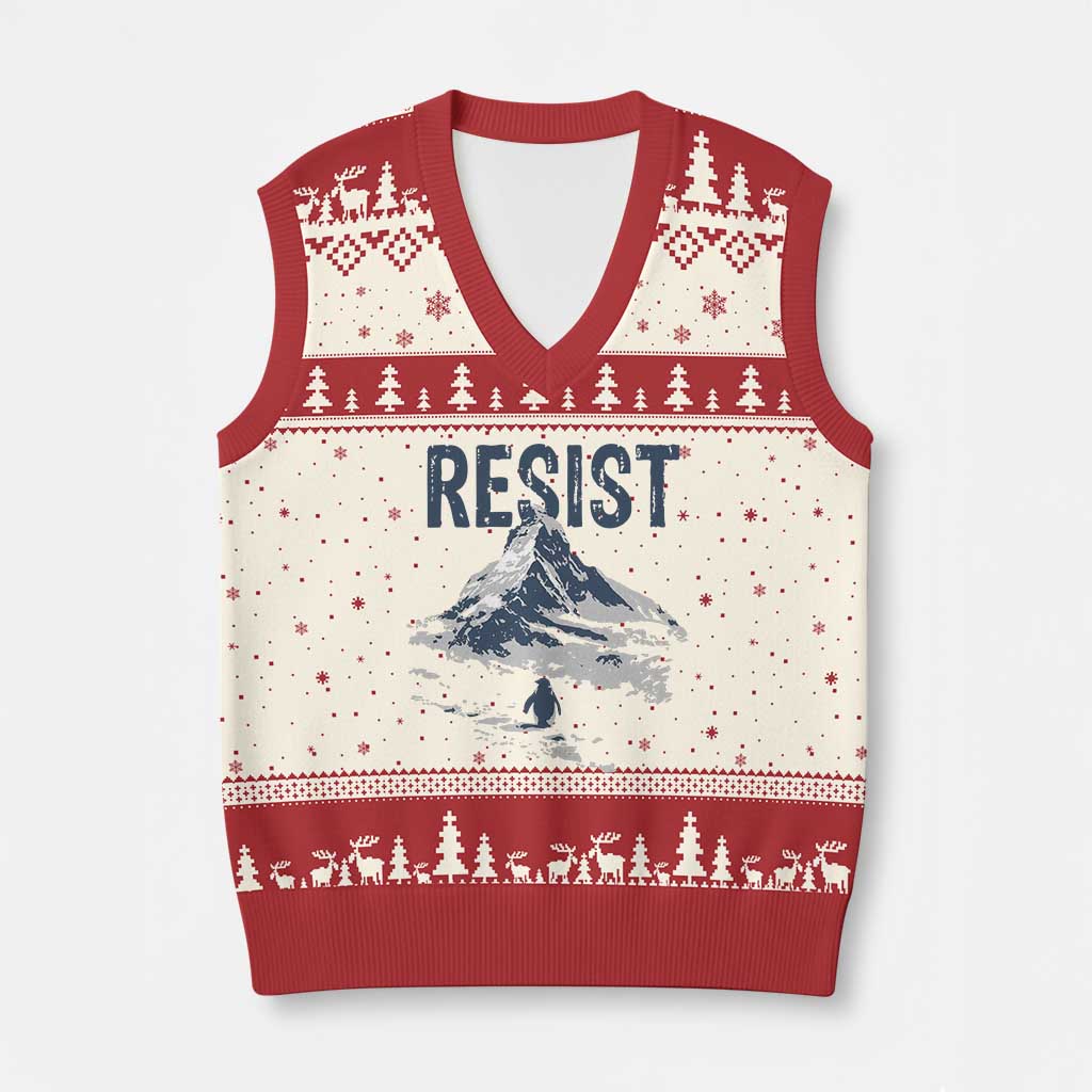 Funny Penguin Protest V-Neck Knit Sweater Vest Resist Penguin Mountain Hiking Meme TS14 Beige Red Print Your Wear