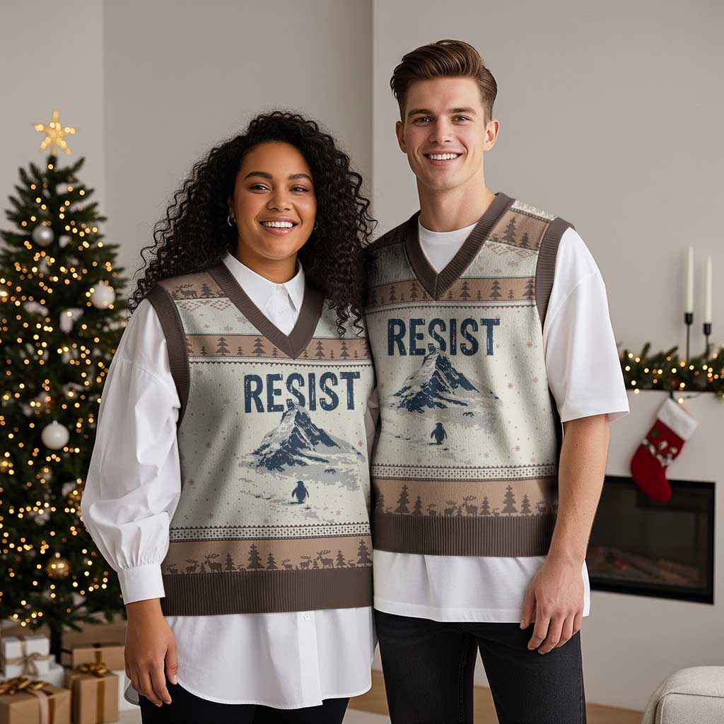 Funny Penguin Protest V-Neck Knit Sweater Vest Resist Penguin Mountain Hiking Meme TS14 Mocha Mousse Print Your Wear