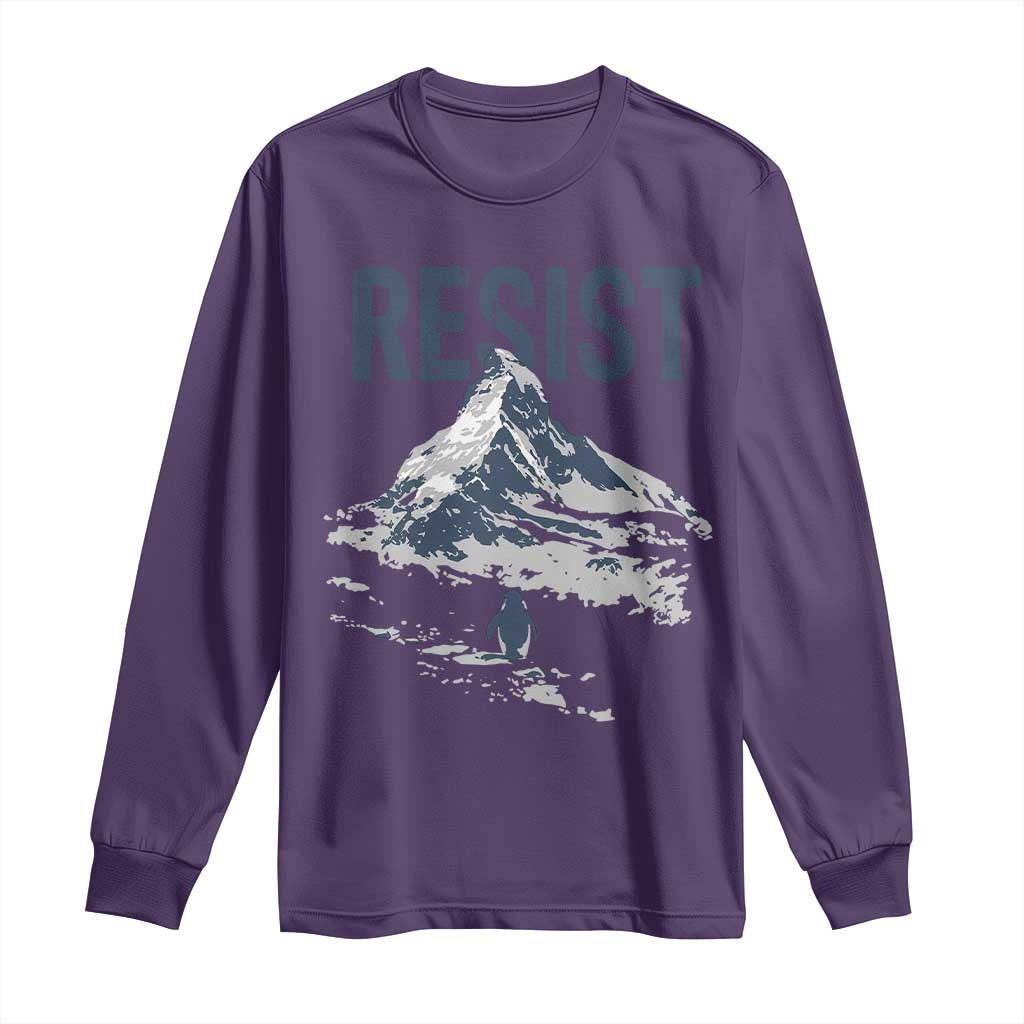 Funny Penguin Protest Long Sleeve Shirt Resist Penguin Mountain Hiking Meme TS14 Purple Print Your Wear