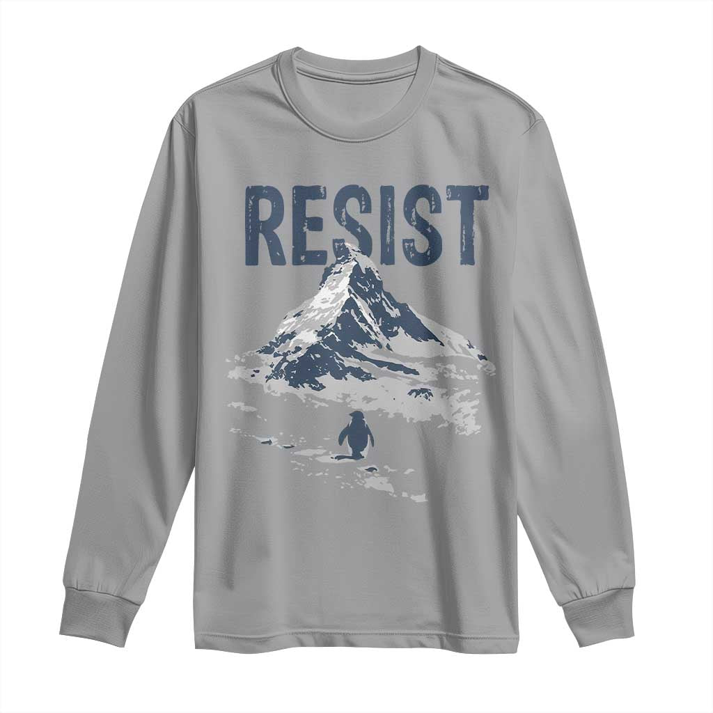 Funny Penguin Protest Long Sleeve Shirt Resist Penguin Mountain Hiking Meme TS14 Sport Gray Print Your Wear