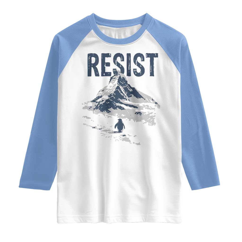 Funny Penguin Protest Raglan Shirt Resist Penguin Mountain Hiking Meme TS14 White Carolina Blue Print Your Wear