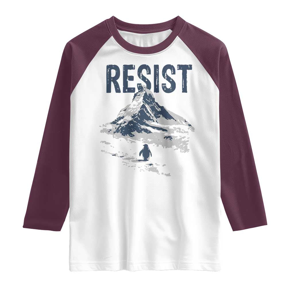 Funny Penguin Protest Raglan Shirt Resist Penguin Mountain Hiking Meme TS14 White Maroon Print Your Wear
