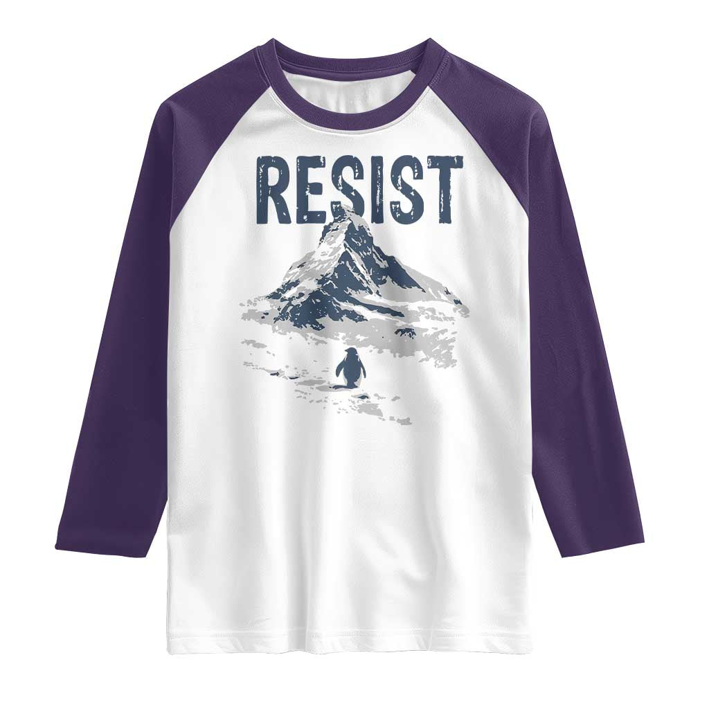 Funny Penguin Protest Raglan Shirt Resist Penguin Mountain Hiking Meme TS14 White Purple Print Your Wear