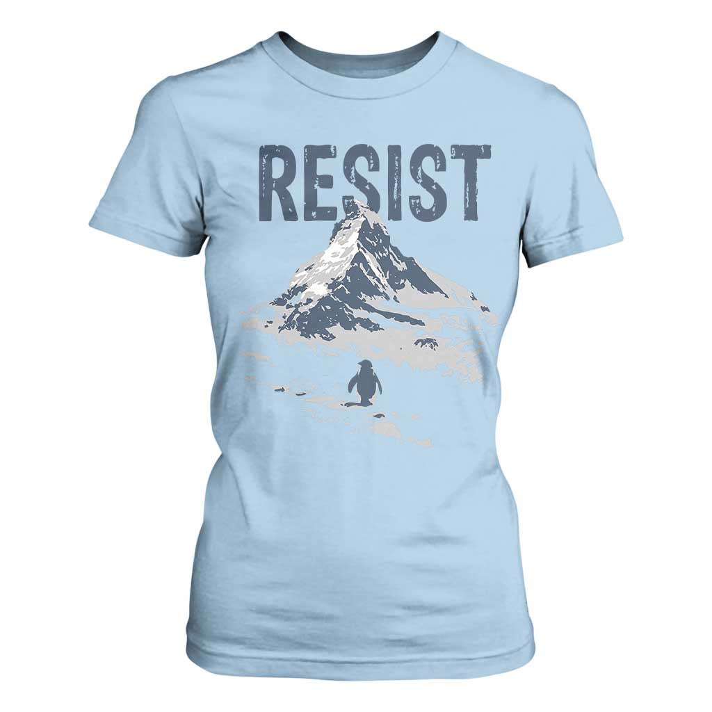 Funny Penguin Protest T Shirt For Women Resist Penguin Mountain Hiking Meme TS14 Light Blue Print Your Wear
