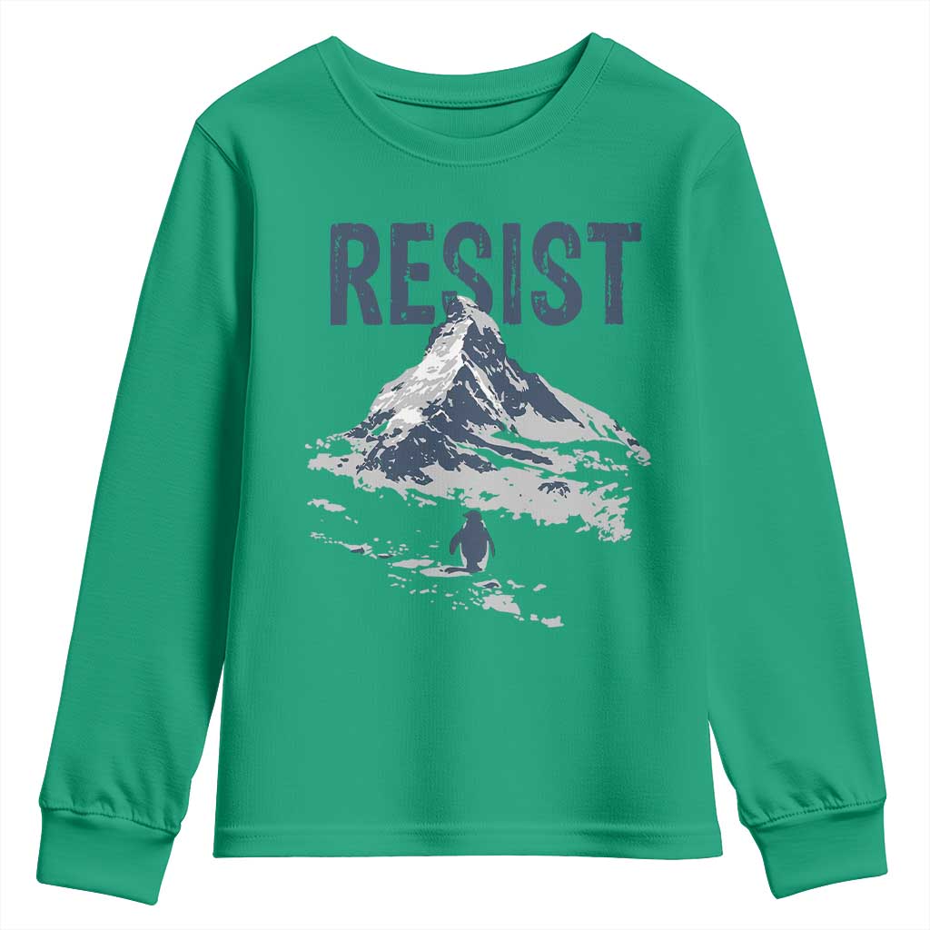 Funny Penguin Protest Youth Sweatshirt Resist Penguin Mountain Hiking Meme TS14 Irish Green Print Your Wear