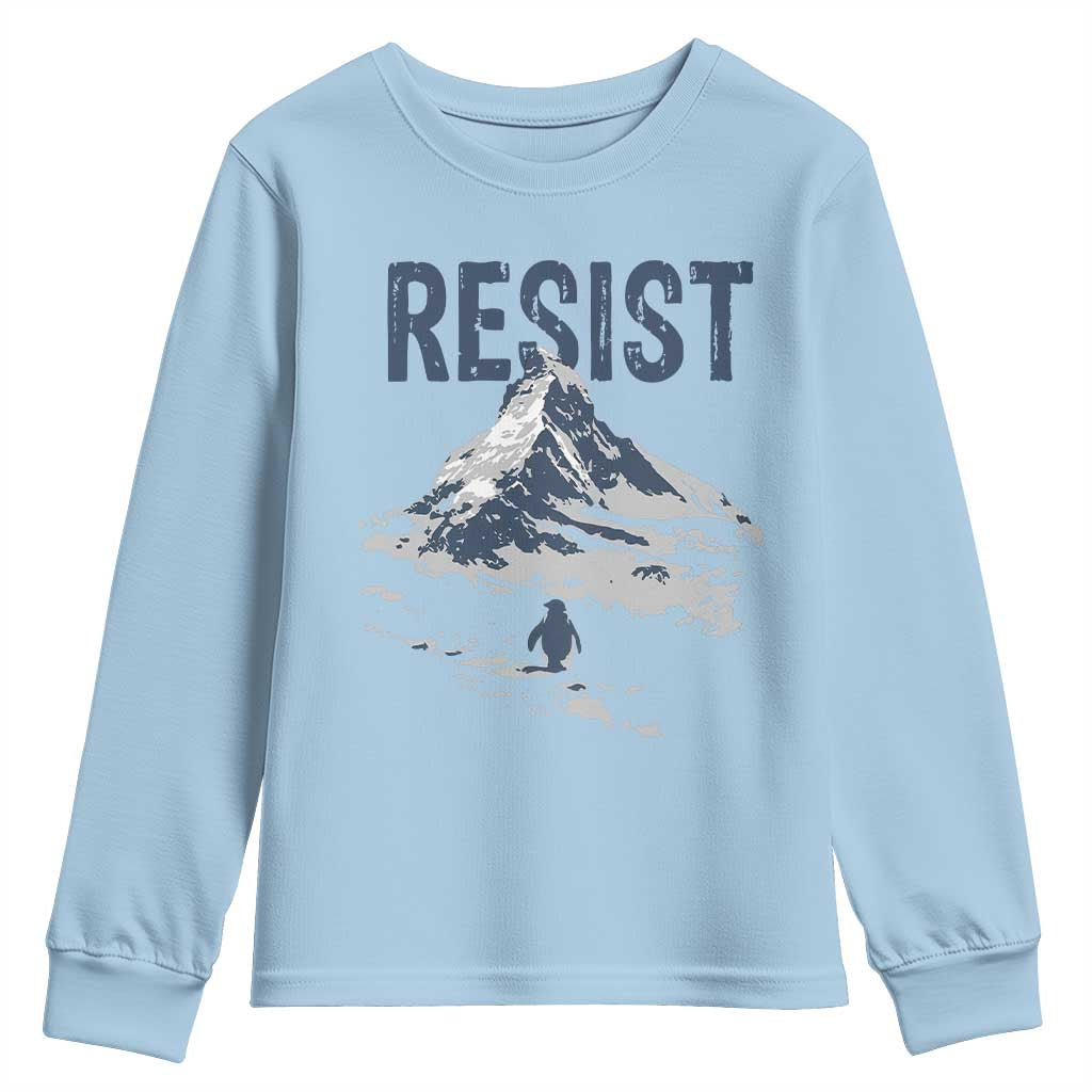 Funny Penguin Protest Youth Sweatshirt Resist Penguin Mountain Hiking Meme TS14 Light Blue Print Your Wear