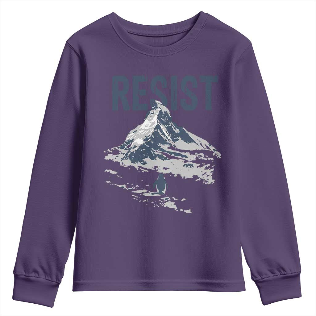 Funny Penguin Protest Youth Sweatshirt Resist Penguin Mountain Hiking Meme TS14 Purple Print Your Wear
