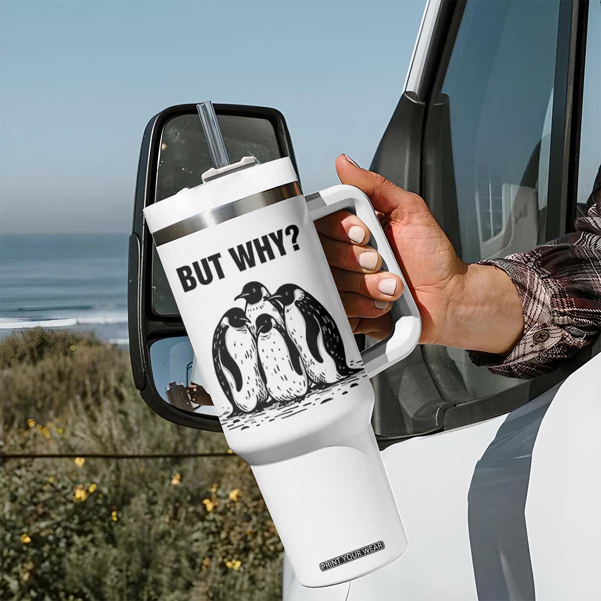 But Why Penguin Tumbler With Handle Funny Nihilist Hiking TS14 Print Your Wear
