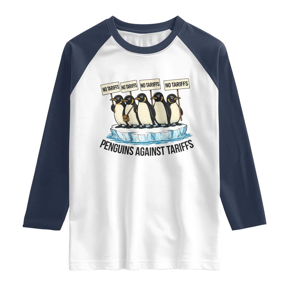 Penguins Against Tariffs Raglan Shirt Resist Tariffs Subtle FDT Political Resistance TS14 White Navy Print Your Wear