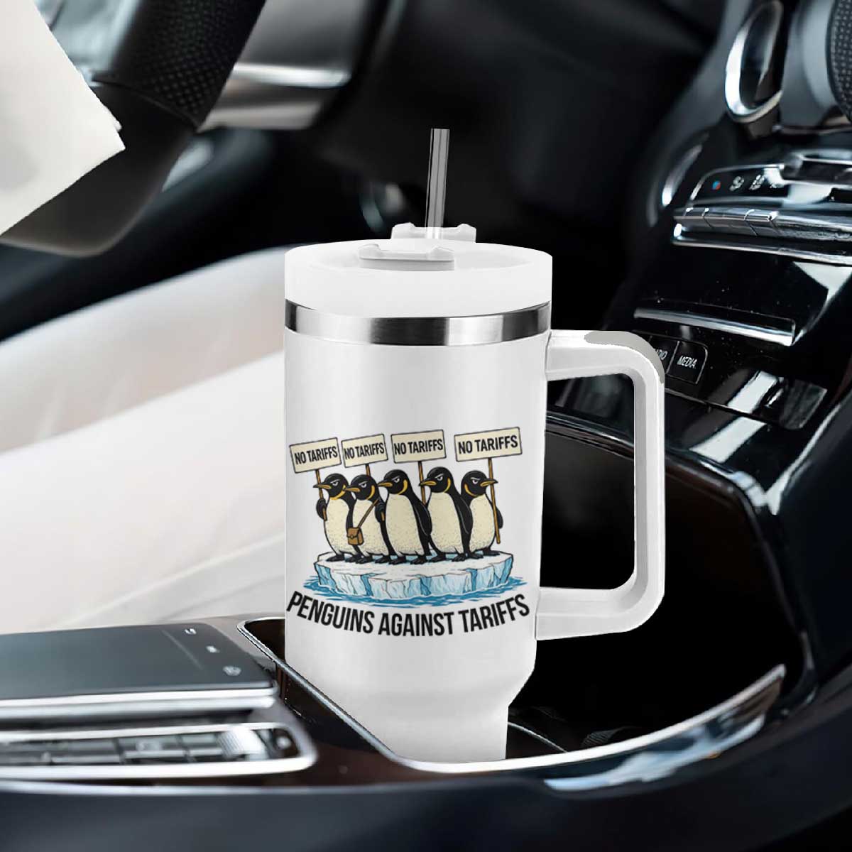 Penguins Against Tariffs Tumbler With Handle Resist Tariffs Subtle FDT Political Resistance TS14 Print Your Wear