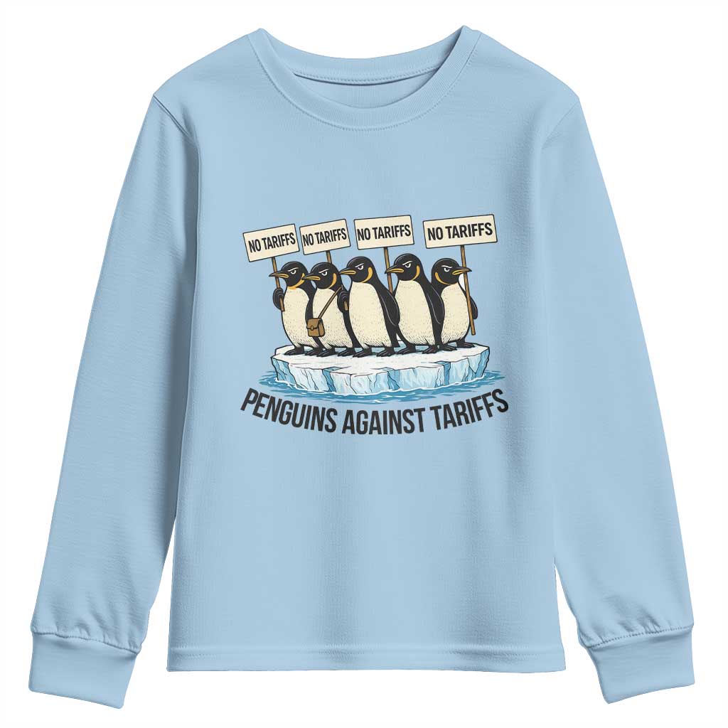 Penguins Against Tariffs Youth Sweatshirt Resist Tariffs Subtle FDT Political Resistance TS14 Light Blue Print Your Wear