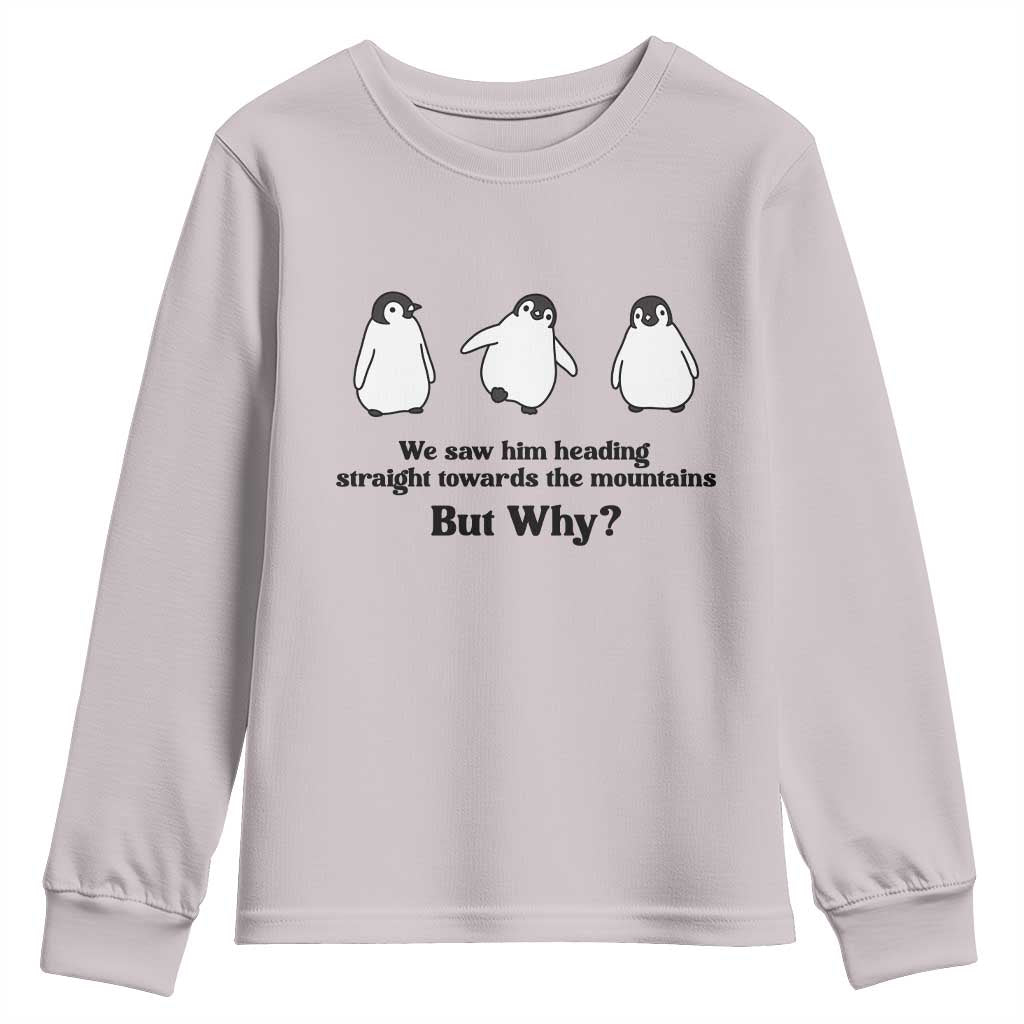But Why Penguin Youth Sweatshirt Trendy Nihilist Sad Penguin Mountains Meme TS14 Ice Gray Print Your Wear