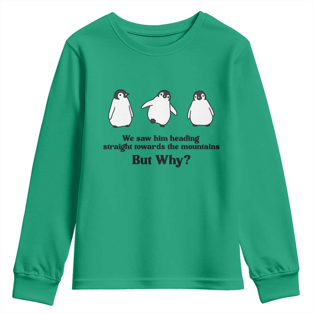 But Why Penguin Youth Sweatshirt Trendy Nihilist Sad Penguin Mountains Meme TS14 Irish Green Print Your Wear