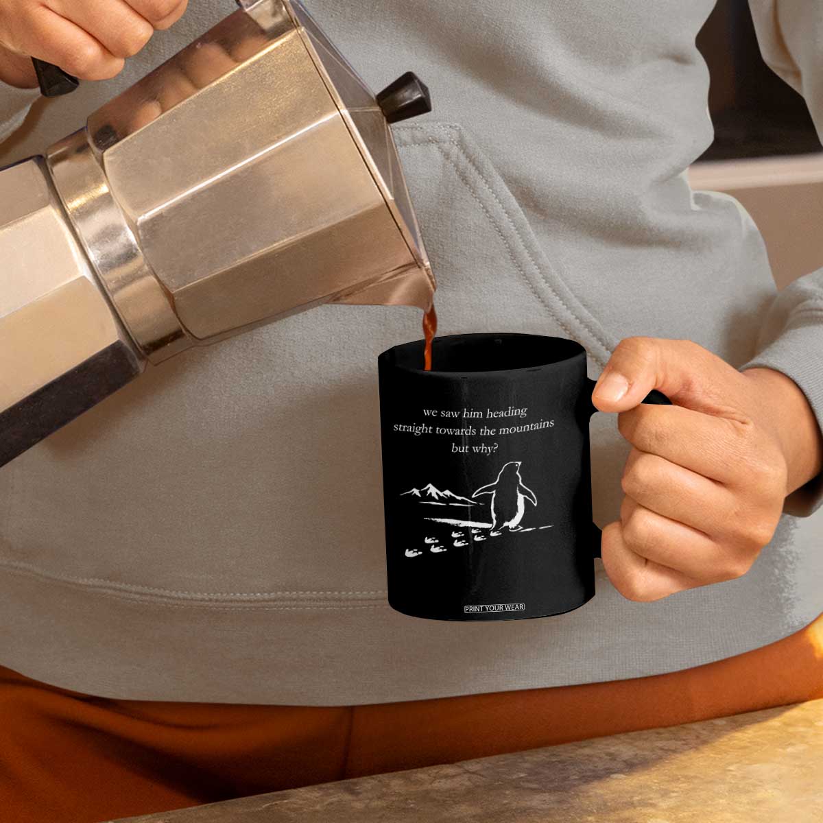 But Why Penguin Coffee Mug Funny Nihilist Penguin Hiking Meme Head Towards The Mountains TS14 Print Your Wear